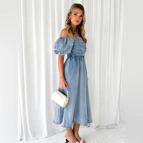 Off-Shoulder Balloon Sleeve Denim Dress - Picture 2 of 5